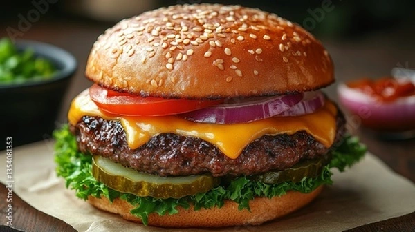 Fototapeta Delicious Classic Beef Cheeseburger with Lettuce Tomato Onion Pickles Cheese and Condiments Isolated on White Background