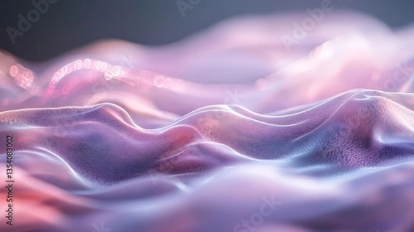 Fototapeta Delicate pastel pink and lavender waves with subtle glowing points and a soft overlay of translucent bokeh lights.