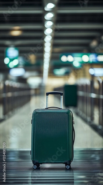 Fototapeta Green suitcase on baggage carousel in airport terminal, blurry background suggesting travel and journey, showcasing a sense of anticipation or departure