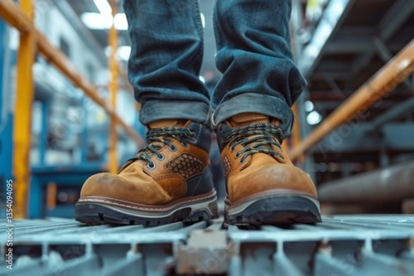 Fototapeta Close up of safety working shoe on worker feet standing in factory