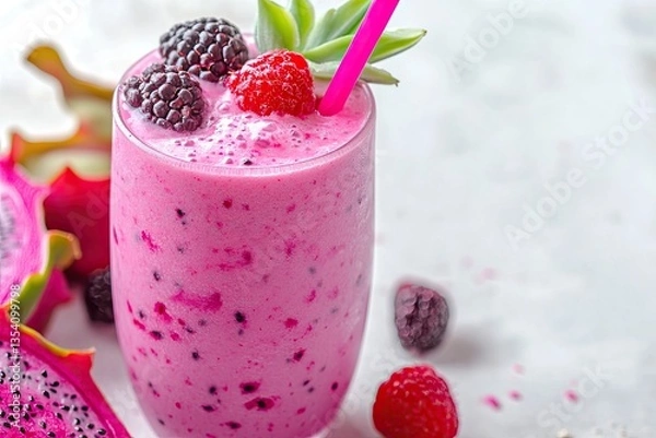 Obraz Vibrant pink smoothie with fresh berries and dragon fruit
