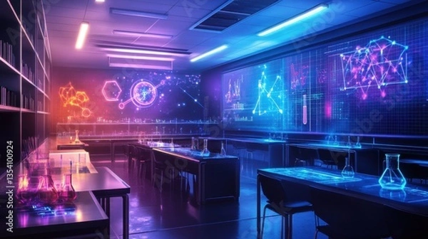 Fototapeta Futuristic Classroom with Holographic Molecules for Science Learning and Exploration