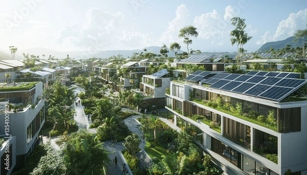 Fototapeta Futuristic Urban Area with Green Spaces and Solar Panels in Modern Design