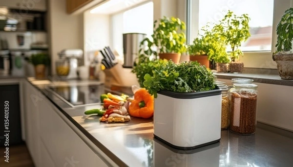 Fototapeta Modern Kitchen Counter with Small Compost Bin for Food Scraps and Herbs