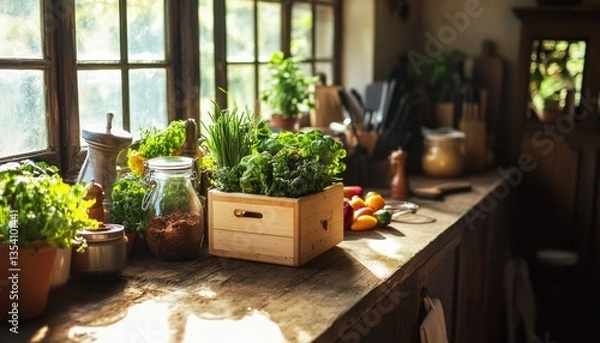 Fototapeta Bright Kitchen Counter with Fresh Vegetables and Compost Bin for Scraps