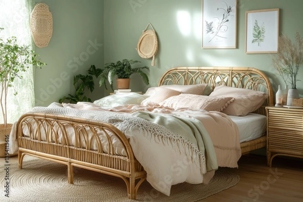 Fototapeta Tranquil bedroom with a light, airy, and serene ambiance