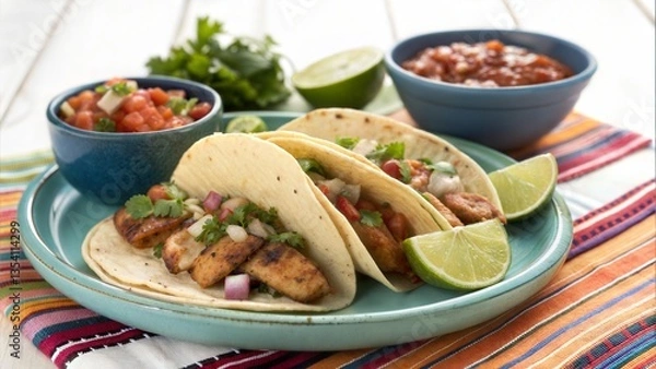Fototapeta Delicious Grilled Fish Tacos with Salsa and Lime