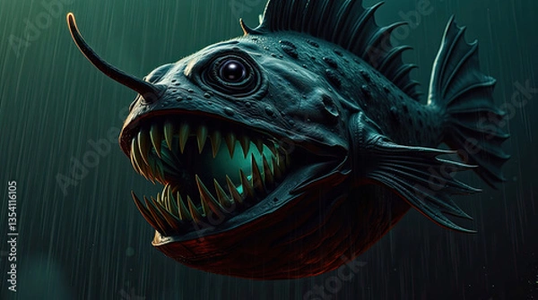 Fototapeta Melanocetus johnsonii, Humpback anglerfish, illuminates deep-sea darkness with its bioluminescent lure, enticing unsuspecting prey and demonstrating remarkable adaptation to ocean s extreme conditions