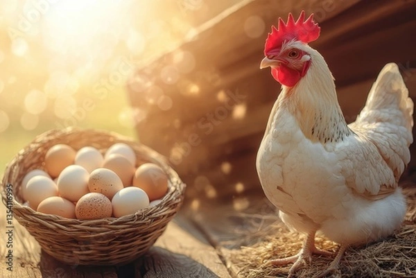 Fototapeta Hen near a basket of eggs on farm. For concepts like farming,fresh food,countryside.