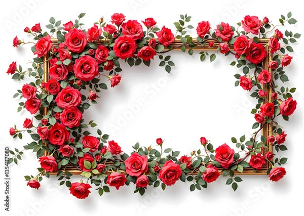 Obraz 横長の金色の額に不均衡に絡まる沢山の赤いバラの花の蔓