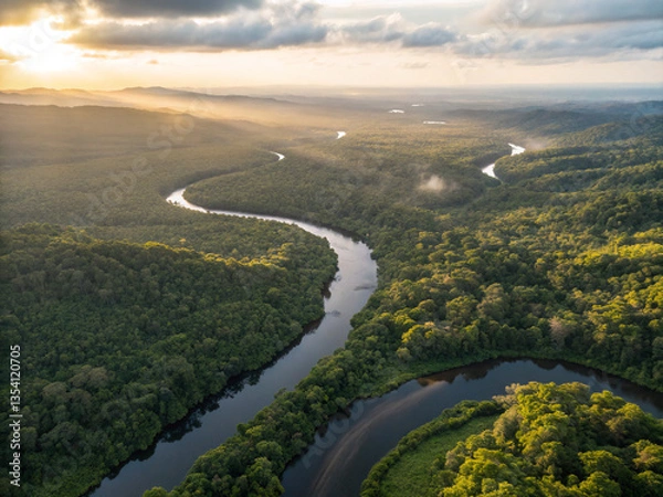 Fototapeta Aerial Sunset View of a Winding River Through a Lush Forest with Misty Mountains in the Distance