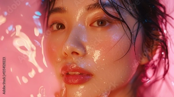 Fototapeta Close-up Portrait of Woman in Colorful Water with Artistic Lighting Effects