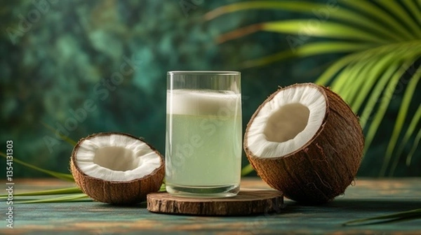 Obraz Tropical Refreshment: A refreshing glass of coconut water, flanked by two halves of fresh coconuts, invites you to savor the essence of tropical paradise.