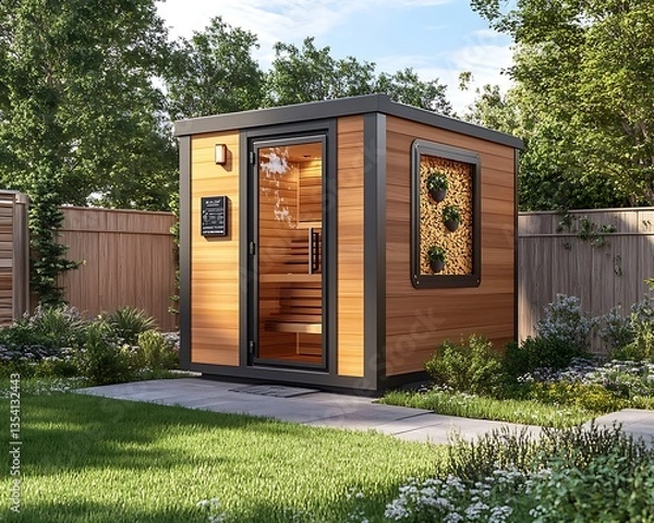 Obraz A modern wooden sauna nestled comfortably within a tranquil garden