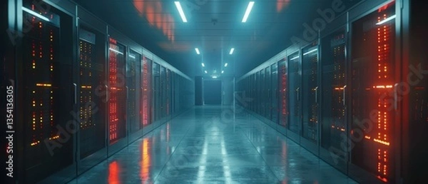 Fototapeta Futuristic Data Center Aisle with Glowing Server Racks and Neon Lights