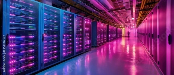 Fototapeta Futuristic Server Room with Bright Lights and High-Tech Equipment