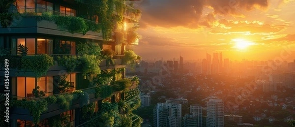 Fototapeta Modern building with lush greenery at sunset over urban skyline view