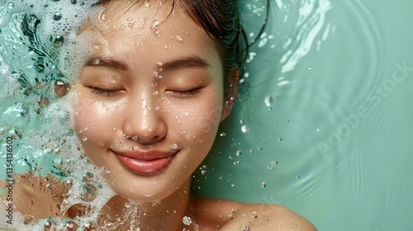 Fototapeta Serene Young Woman Relaxing in Turquoise Water with Gentle Bubbles