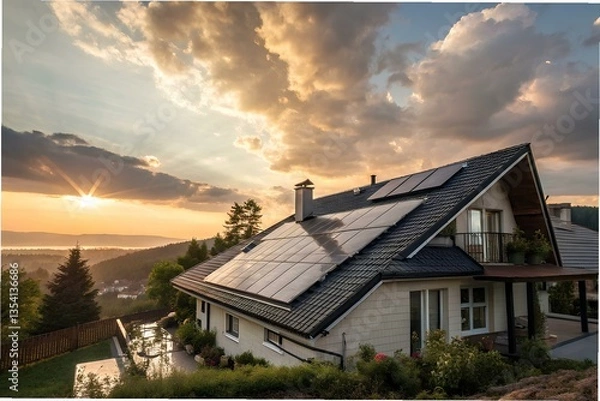 Fototapeta Solar Energy - Solar panels on the roof of a house bathed in soft morning light, with clouds reflected. A symbol of clean energy and environmental awareness.