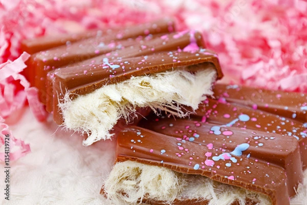 Fototapeta Trendy milk Angel Hair Chocolate bar with Turkish pishmaniye cotton candy filling close up