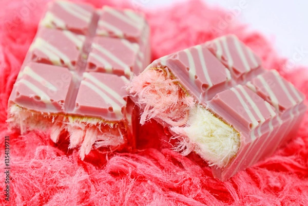 Fototapeta Trendy pink Angel Hair Chocolate bar with Turkish pishmaniye cotton candy filling close up