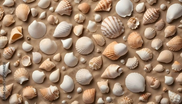 Fototapeta A high-angle, full shot captures a collection of seashells scattered across a sandy surface, bathed in warm, directional lighting