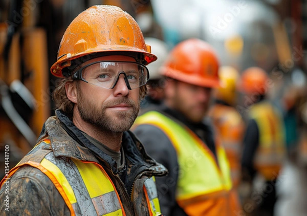 Fototapeta Construction worker wearing an orange hard hat and vest, focused on the job site. Dedication, teamwork, and safety on a rainy workday