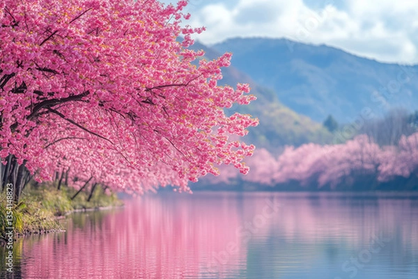Fototapeta The ethereal beauty of cherry blossoms reflecting in the still waters of a lake