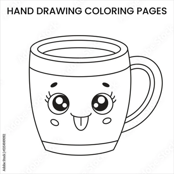 Fototapeta Cute Kawaii Coffee Mug with Plants. Kawaii-style coffee mug with plants, cute doodle hand-drawn coloring page for kids.