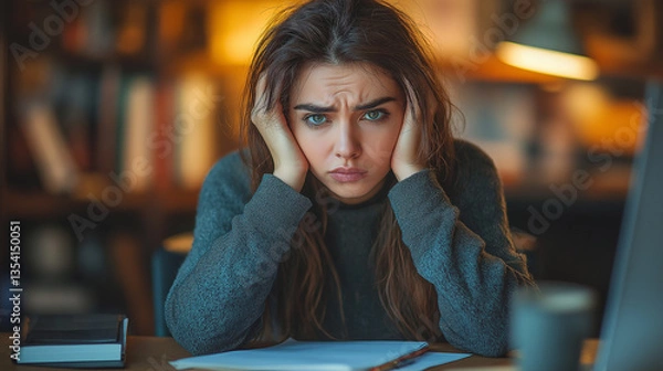 Fototapeta Unhappy young woman sitting in front of a desk at the office, sick and stress headache feeling depressed suffering trauma from problem trouble tension, tired difficulty mental health, exhausted pain
