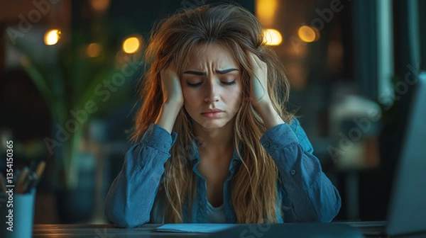 Fototapeta Unhappy young woman sitting in front of a desk at the office, sick and stress headache feeling depressed suffering trauma from problem trouble tension, tired difficulty mental health, exhausted pain