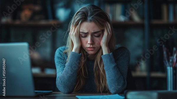 Fototapeta Unhappy young woman sitting in front of a desk at the office, sick and stress headache feeling depressed suffering trauma from problem trouble tension, tired difficulty mental health, exhausted pain