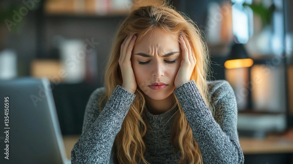 Fototapeta Unhappy young woman sitting in front of a desk at the office, sick and stress headache feeling depressed suffering trauma from problem trouble tension, tired difficulty mental health, exhausted pain