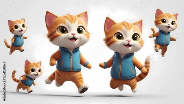 Fototapeta Cute cartoon cat jumping, playful illustration, taby cat, isolated, mockcup, white background, for children's designs.