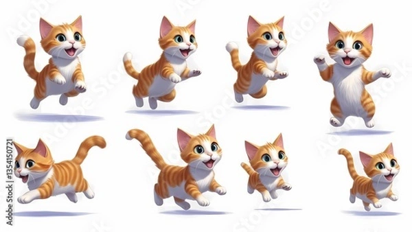 Fototapeta Cute cartoon cat jumping, playful illustration, tabu cat isolated, white background, for children's designs.