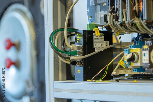 Fototapeta Close-up of industrial automation control system with Ethernet cables connected to network switch and PLC components inside electrical control cabinet