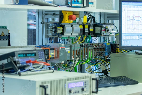 Fototapeta Wide view of industrial automation test bench with electronic measuring devices, power supply, PLC modules, and monitoring software on screen in laboratory setting