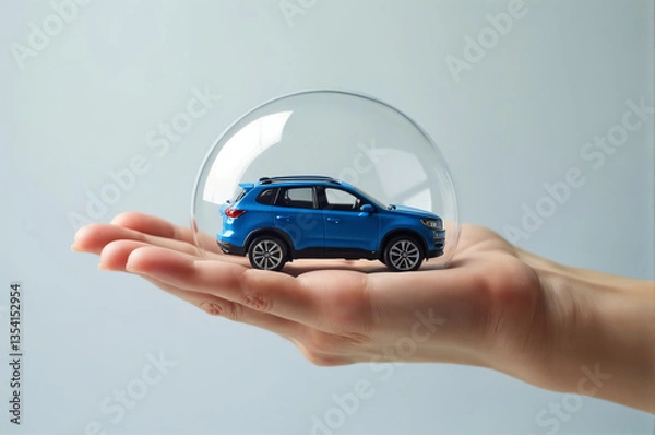 Fototapeta Blue toy car inside a bubble, held by hand. Perfect for car insurance advertisements or playful, creative design projects.