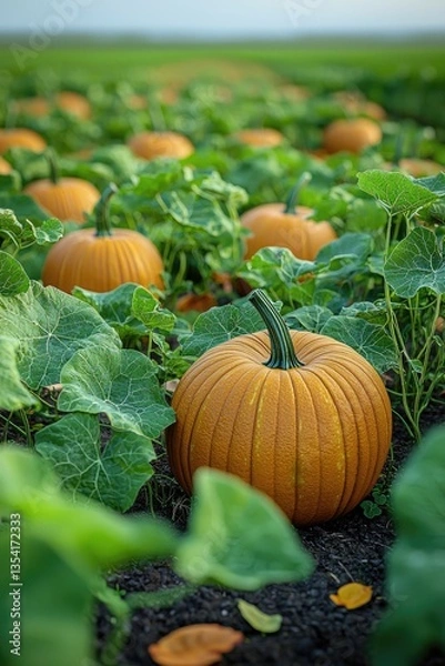 Fototapeta A Field Abundant With Pumpkins Grows Across the Landscape
