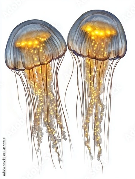 Fototapeta Two glowing jellyfish illuminating the deep sea with their ethereal light in a surreal watercolor setting