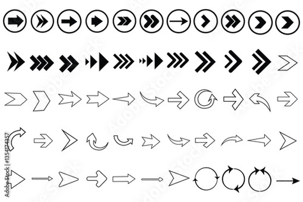 Obraz Collection of different arrow set vector design. Set of black arrow outline. Vector icon. Set of arrow icons. Arrows icon. Arrows for web design. Cursor outline. Different shape and size pointer set.