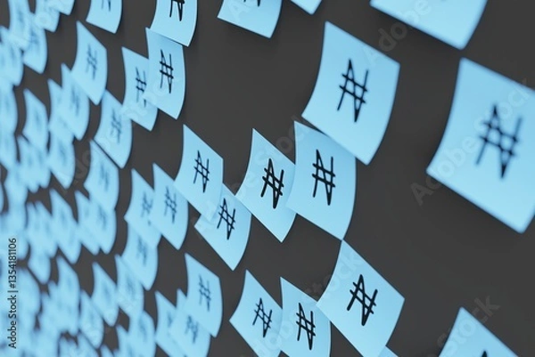 Fototapeta Many blue stickers on black board background with symbol of Nigeria naira drawn on them. Closeup view with narrow depth of field and selective focus. 3d render, illustration