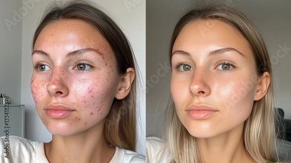 Fototapeta Russian woman's before-and-after photo shows skincare product effects, reducing redness and blemishes for clear, smooth skin