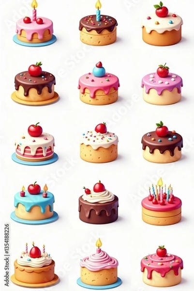 Fototapeta Collection of birthday cake icons in various shapes for cards, invitations, banners, prints, dessert, design, card