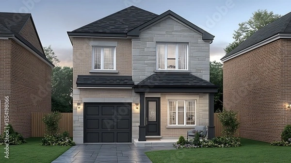 Obraz A modern two story house with brick and stone facade