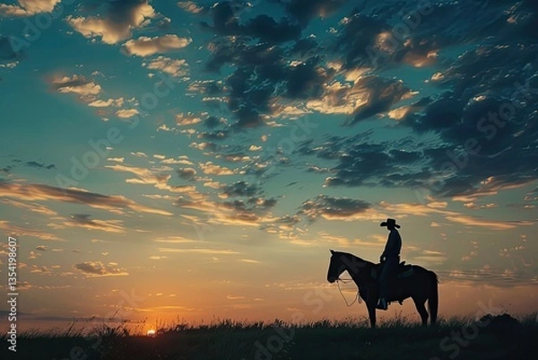 Fototapeta Premium Quality Picture of Western Landscape with Cowboy Riding Horse in Midwest Scenery