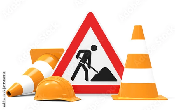 Obraz Plac budowy, znak placu budowy z słupami i kask, na białym tle renderowania 3D