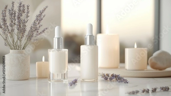 Fototapeta A serene arrangement of essential oils and candles, perfect for creating a calming atmosphere in your home.
