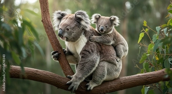 Obraz Mother Koala with Baby on Back in Natural Forest Habitat – Adorable Wildlife Moment