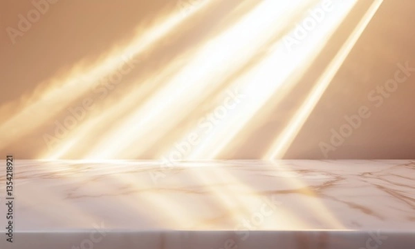 Fototapeta A marble desk or tabletop illuminated by strong, angled beams of golden sunlight streaming across a warm beige background.